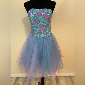 Tony Bowls Formal Short Prom Dreas Mermaid Blue Purple Lace & Tule 14 EUC